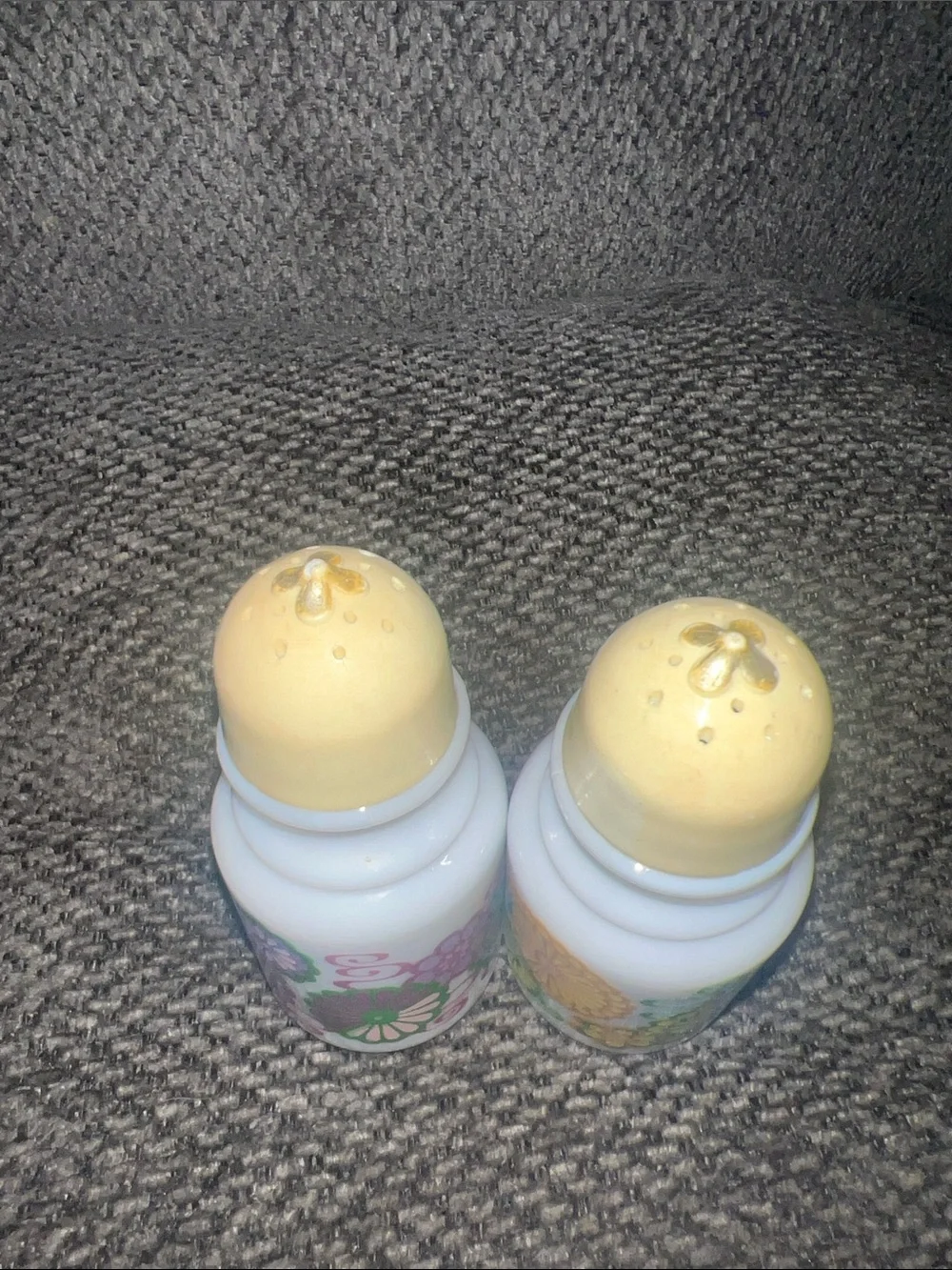 Vintage Avon Floral Milk Glass Salt and Pepper Shakers - Yellow Tops